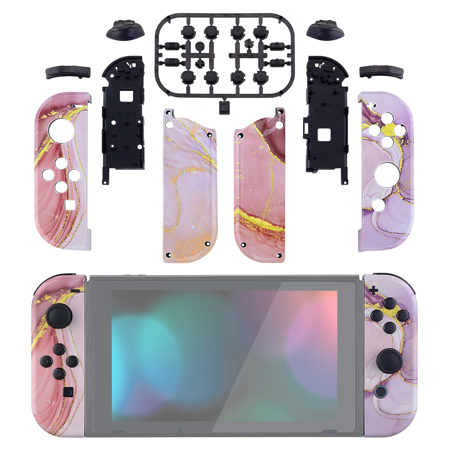 eXtremeRate NS Switch用ジョイコン交換フルセットシェルケースボタン付き【ピンクゴールドマーブル】