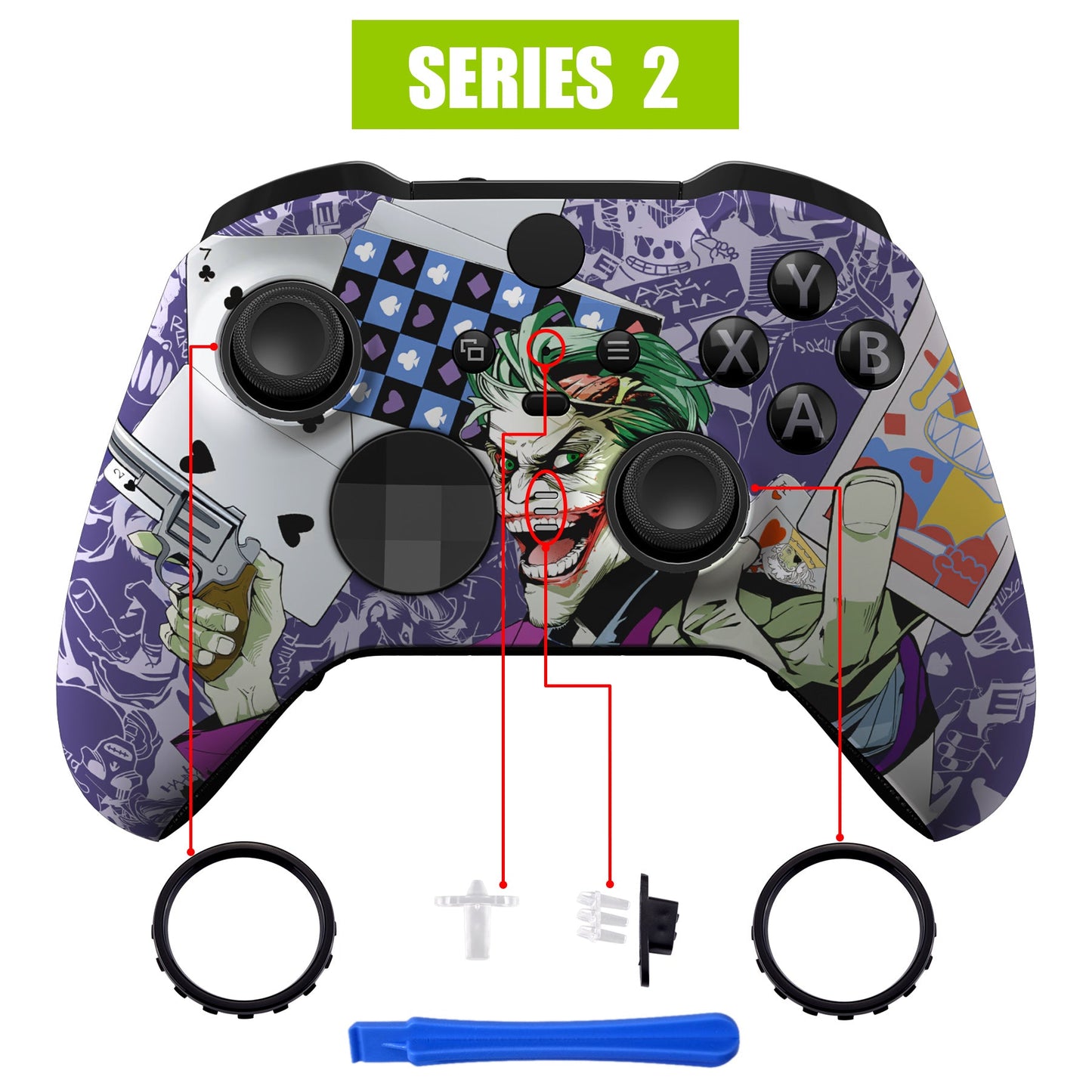eXtremeRate Retail Clown Cards Style Faceplate Cover, Soft Touch Front Housing Shell Case Replacement Kit for Xbox One Elite Series 2 Controller Model 1797 - Thumbstick Accent Rings Included - ELT141