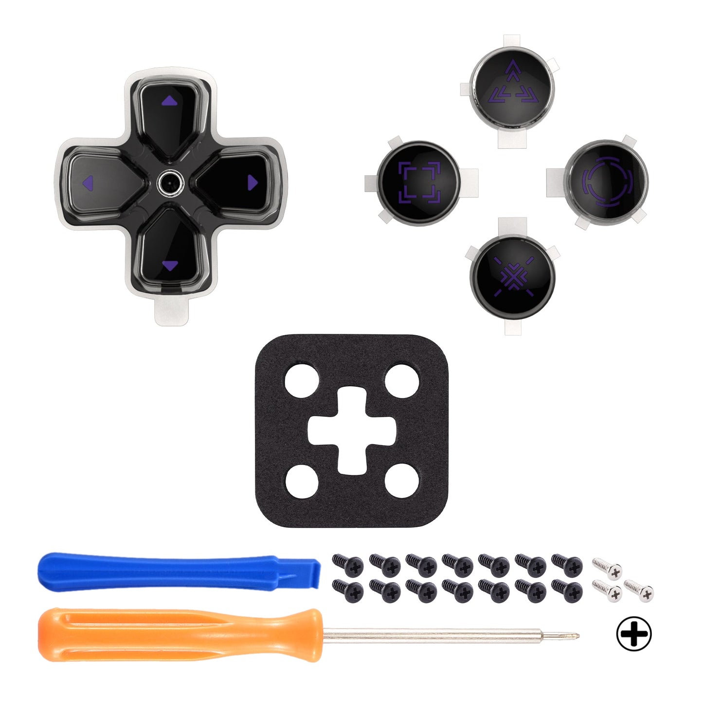 eXtremeRate Retail Replacement Custom Dpad Action Buttons Three-Tone Black & Clear With Black Purple Redesigned Symbols D-pad Face Buttons For ps5 Controller - JPFF006