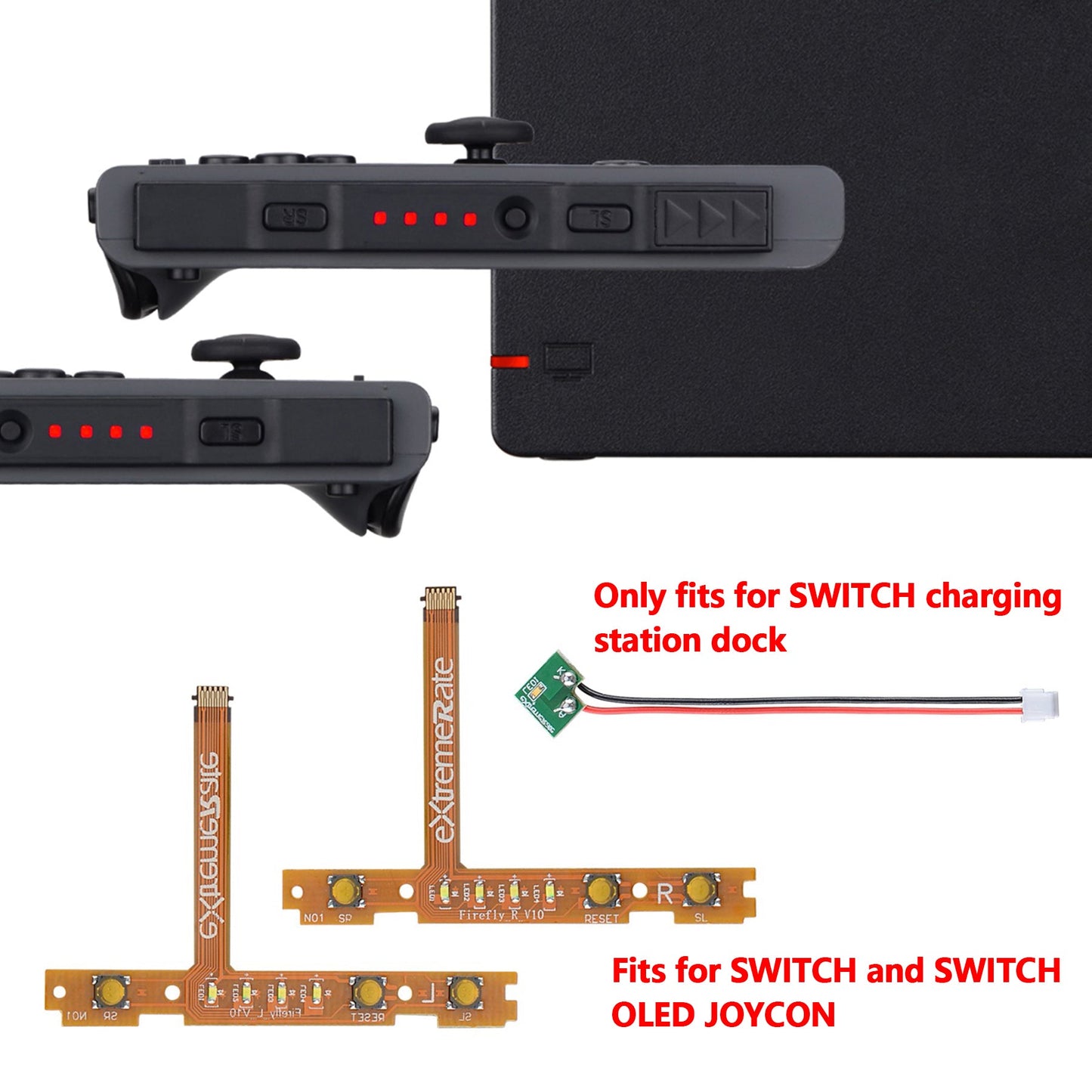 eXtremeRate Retail Red Firefly LED Tuning Kit for NS Switch Joycons Dock NS Joycon SL SR Buttons Ribbon Flex Cable Indicate Power LED-Joycons Dock NOT Included - NSLED003