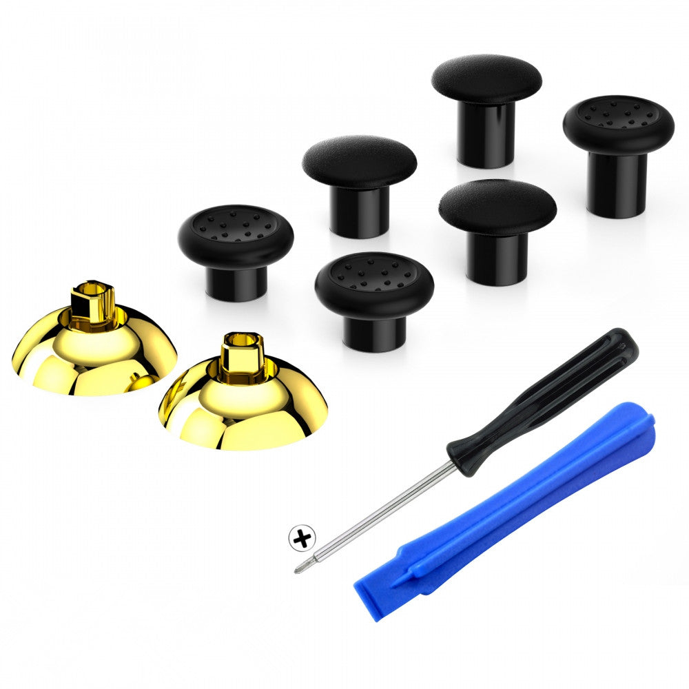 eXtremeRate Retail ThumbsGear Interchangeable Ergonomic Thumbstick for ps4 Slim ps4 Pro Controller with 3 Height Domed and Concave Grips Adjustable Joystick - Chrome Glossy Gold & Black - P4J1108
