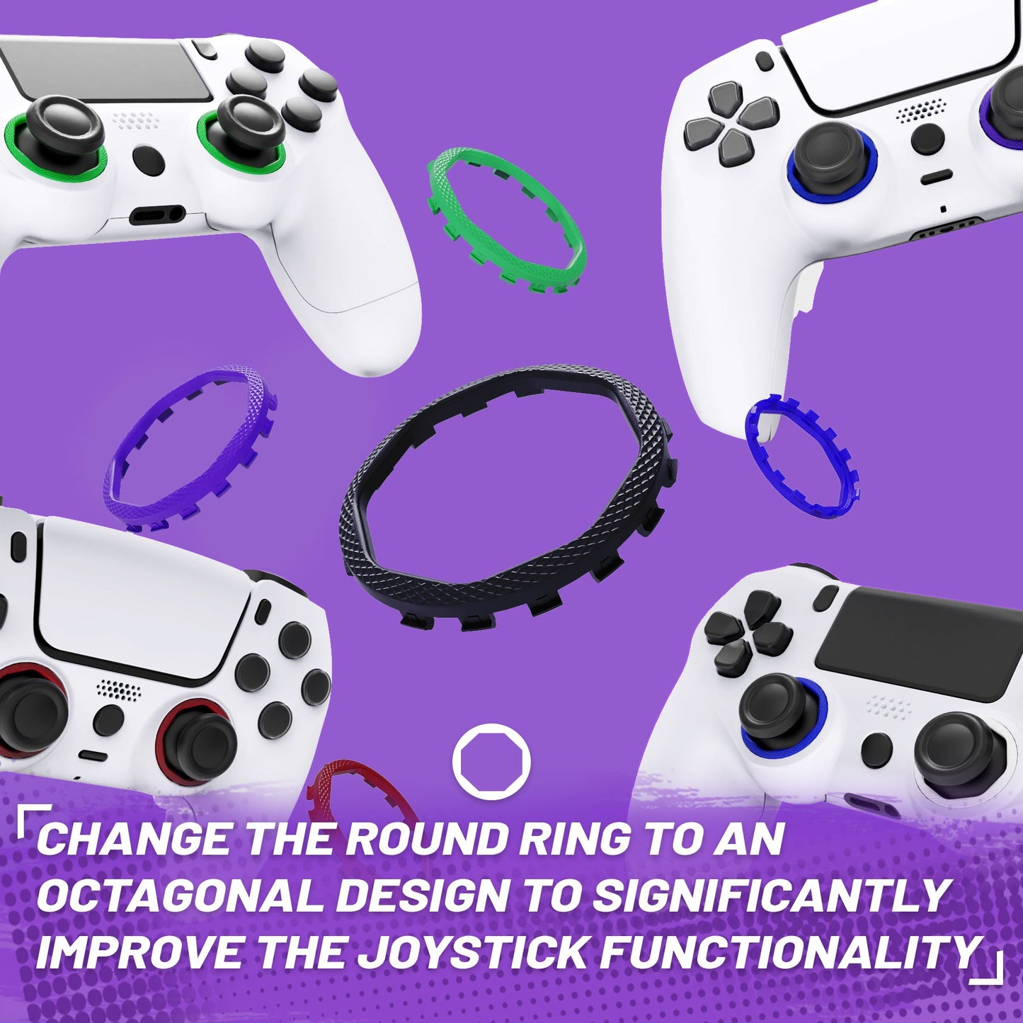 Redesigned Octagonal Gated Sticks Accent Rings for eXtremeRate Luna Shell for PS5 Controller, Replacement Accessory for eXtremeRate Ghost Shell for PS4 Controller - Not for Standard Faceplate - Black eXtremeRate