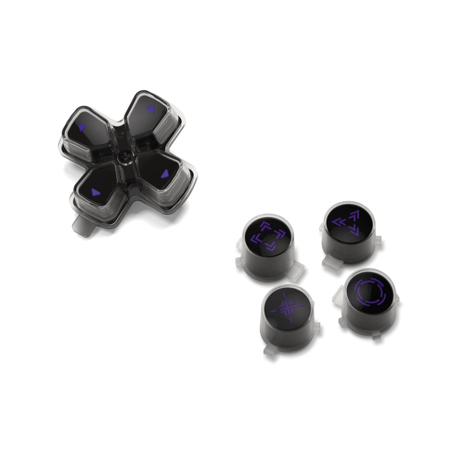 eXtremeRate Retail Replacement Custom Dpad Action Buttons Three-Tone Black & Clear With Black Purple Redesigned Symbols D-pad Face Buttons For ps5 Controller - JPFF006
