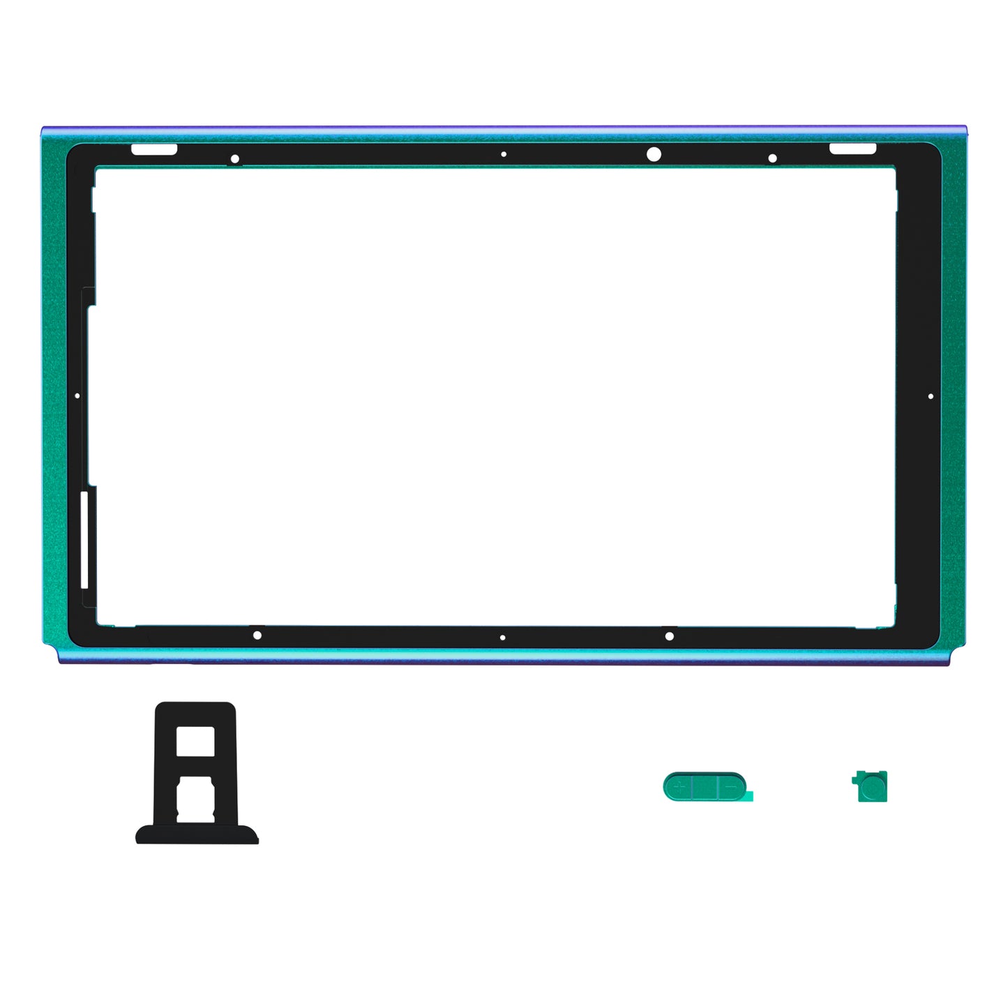 eXtremeRate NS Switchコンソール用DIY交換ハウジングシェル、音量上下ボタン&電源ボタン付きフロントフレーム【カメレオングリーンパープル】