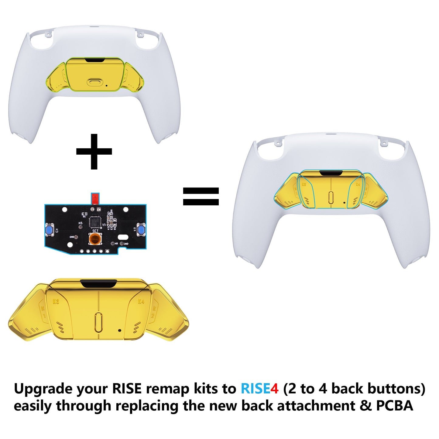 eXtremeRate Retail Turn RISE to RISE4 Kit ¨C Redesigned Chrome Gold K1 K2 K3 K4 Back Buttons Housing & Remap PCB Board for PS5 Controller eXtremeRate RISE & RISE4 Remap kit - Controller & Other RISE Accessories NOT Included - VPFD4001P
