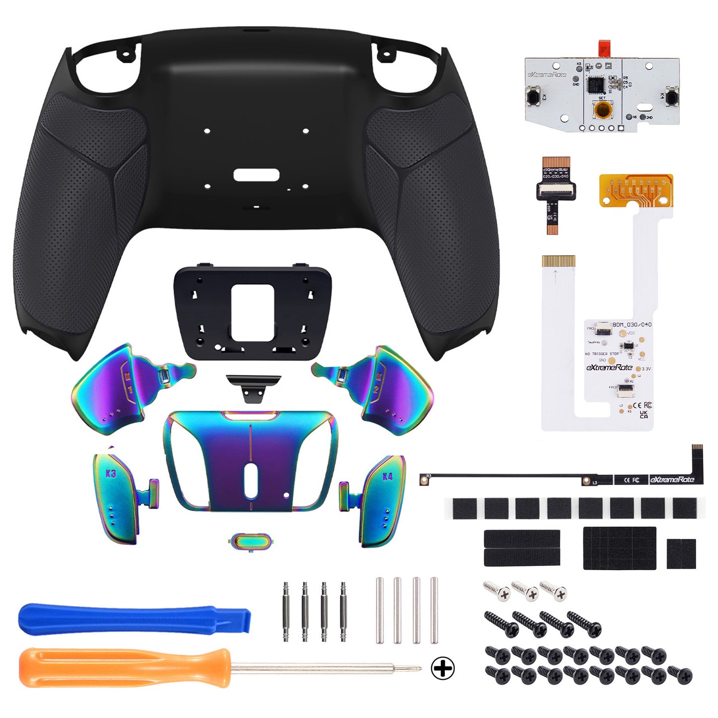 eXtremeRate PS5コントローラーBDM-030/040/050対応用虹色の輝きブルーパープルリアルメタルボタン(RMB)バージョンRISE4 V3リマップキット【ラバー付きブルー】