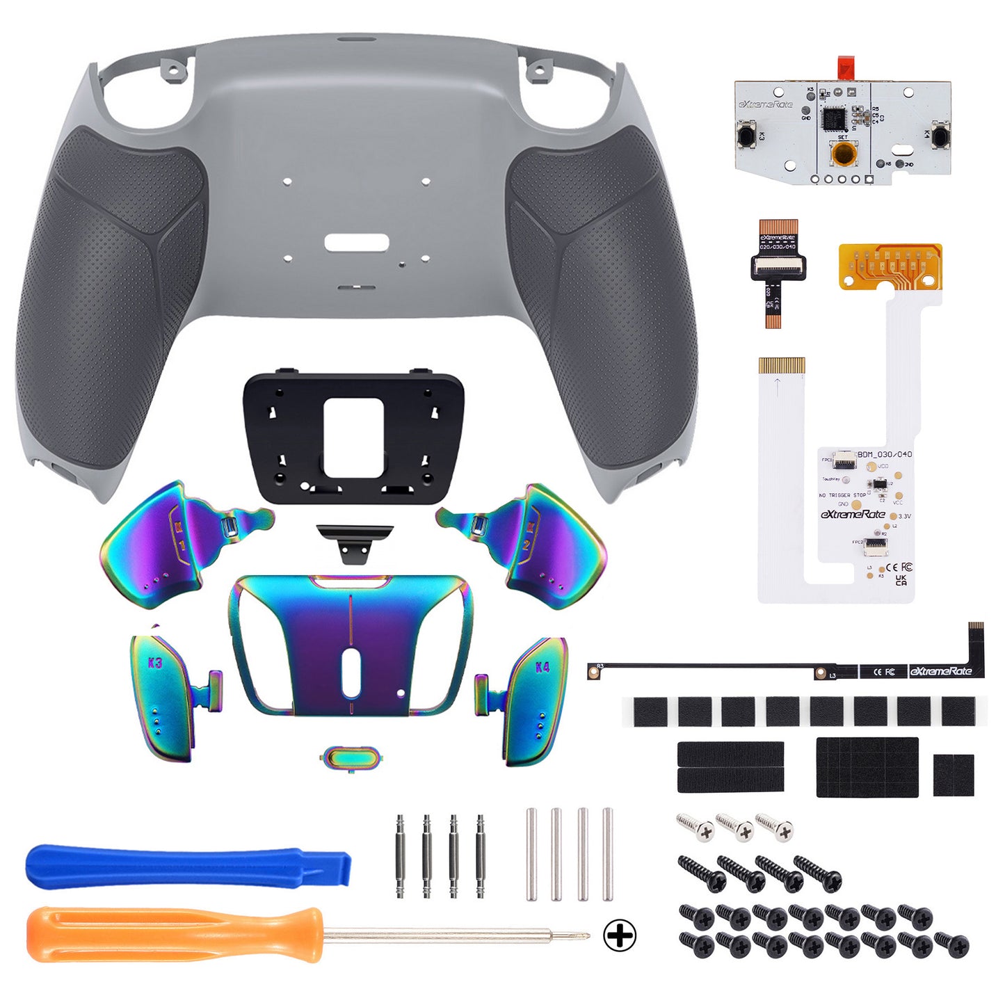 eXtremeRate PS5コントローラーBDM-030/040/050対応用虹色の輝きブルーパープルリアルメタルボタン(RMB)バージョンRISE4 V3リマップキット【ラバー付き灰白&クラシックグレー】