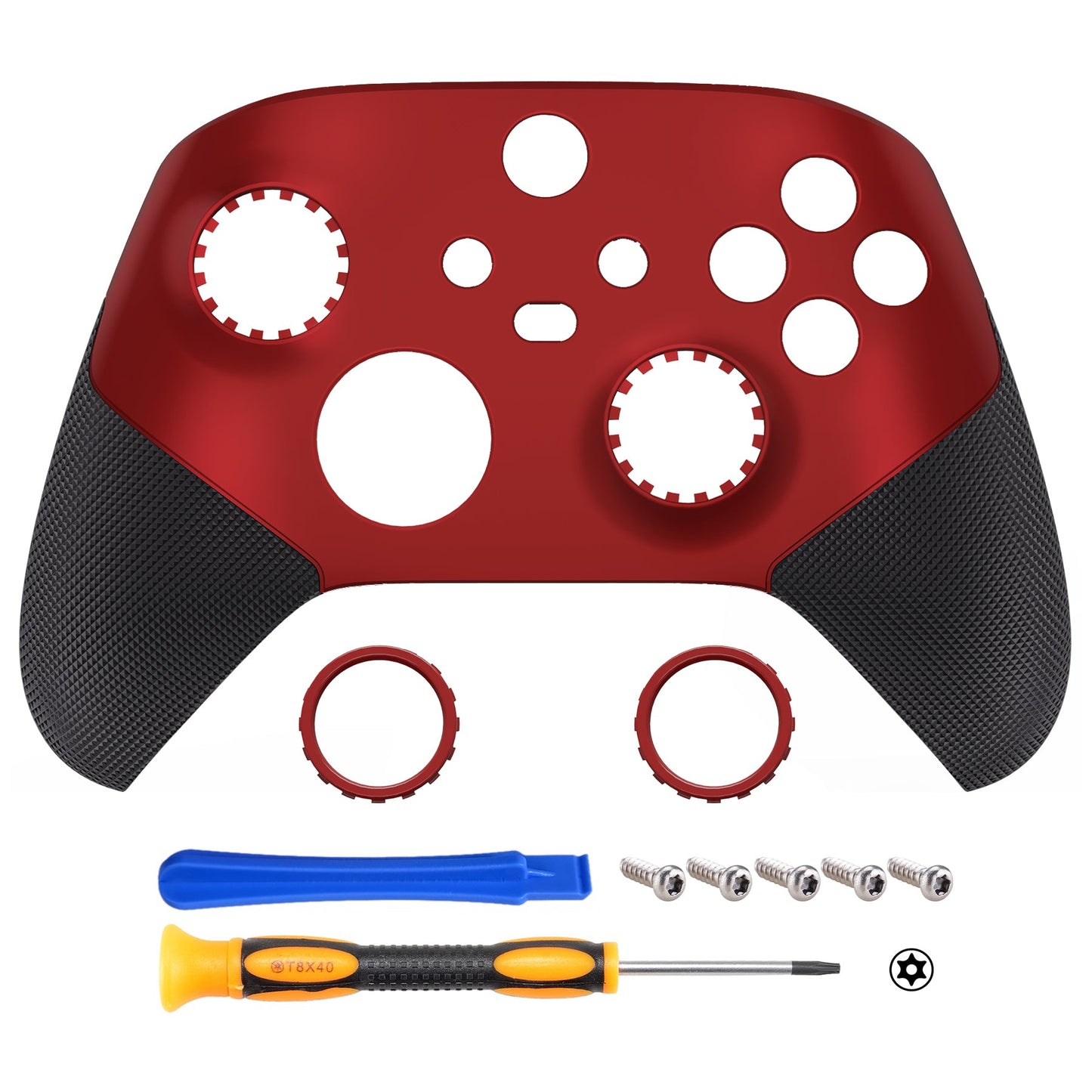 eXtremeRate ASR Version Performance Rubberized Grip Front Housing Shell with Accent Rings for Xbox Series X & S Controller - Rubberized Scarlet Red & Black eXtremeRate