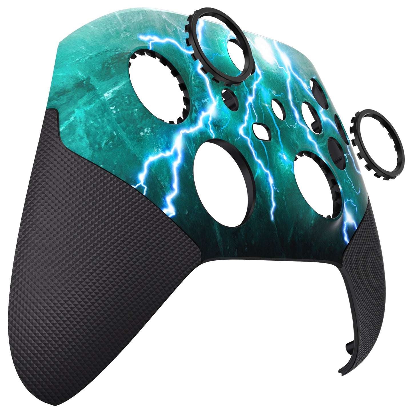 eXtremeRate ASR Version Performance Rubberized Grip Front Housing Shell with Accent Rings for Xbox Series X & S Controller - Green Storm Thunder eXtremeRate