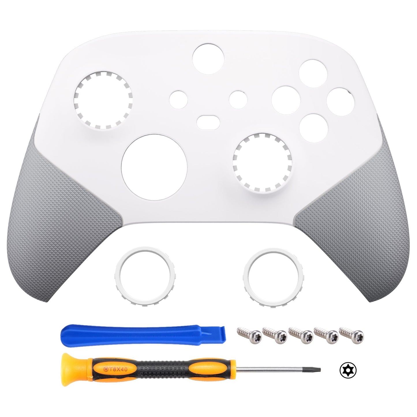 eXtremeRate ASR Version Performance Rubberized Grip Front Housing Shell with Accent Rings for Xbox Series X & S Controller - Rubberized White & Gray eXtremeRate