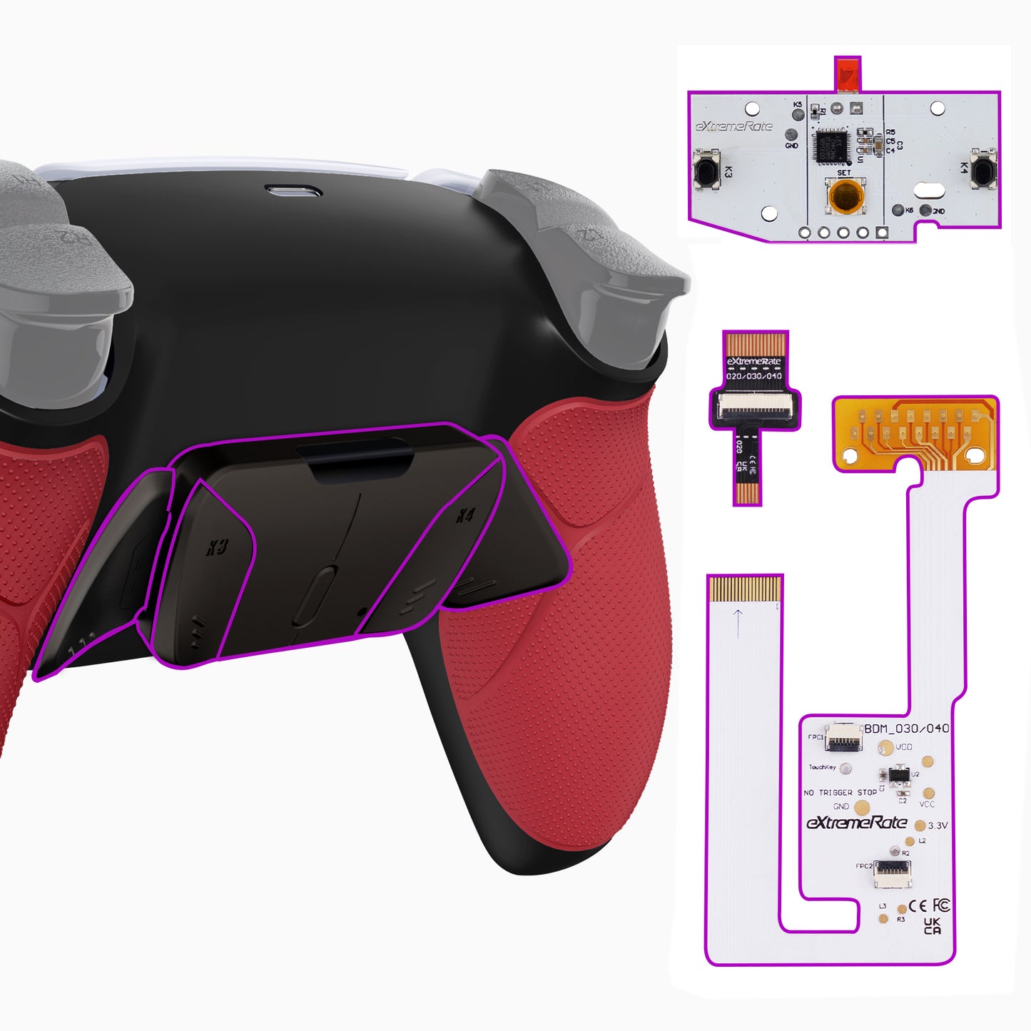 eXtremeRate PS5コントローラーBDM-030/040/050対応用ブラックリアルメタルボタン(RMB)バージョンRISE4 V3リマップキット【ラバー付きレッド】