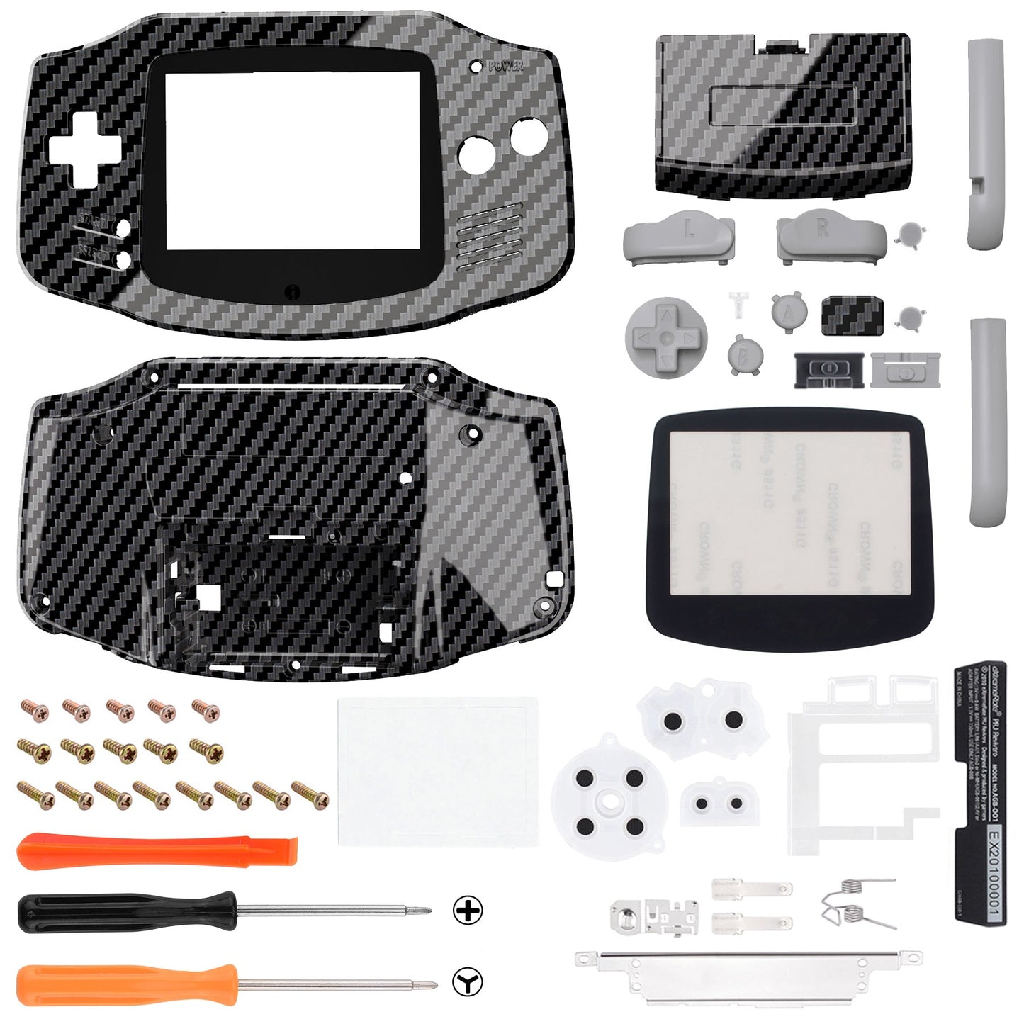 eXtremeRate IPS対応アップグレード版ゲームボーイアドバンス(GBA)用交換フルセットシェル&グレーボタン、IPSおよび標準LCD両方に対応【グラファイトカーボンファイバー】