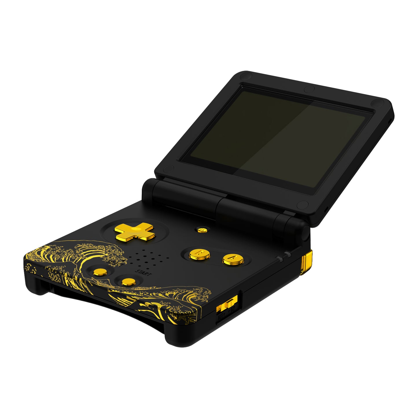 eXtremeRate IPS対応アップグレード版ゲームボーイアドバンスSP(GBA SP)用交換フルセットシェル&ボタン、IPSおよび標準LCD両方に対応【神奈川沖の金色の波ブラック】