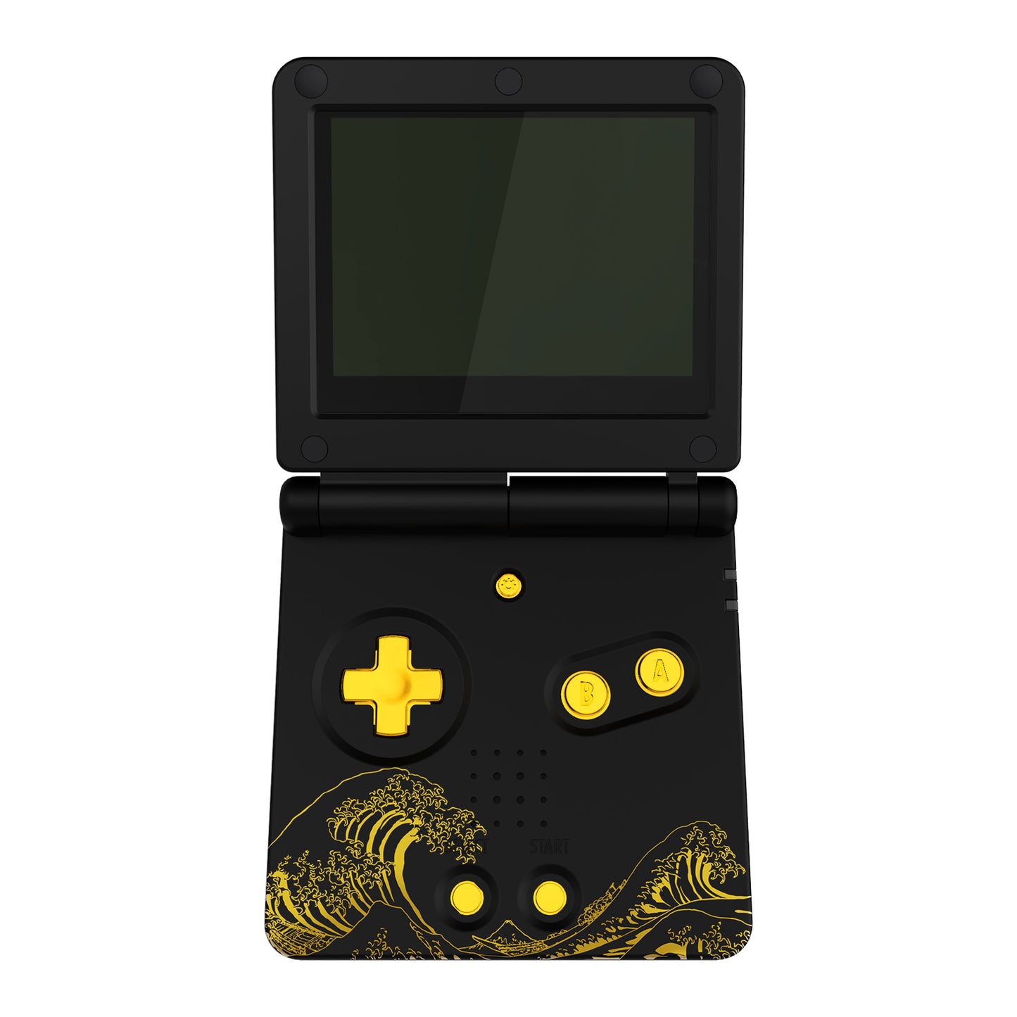 eXtremeRate IPS対応アップグレード版ゲームボーイアドバンスSP(GBA SP)用交換フルセットシェル&ボタン、IPSおよび標準LCD両方に対応【神奈川沖の金色の波ブラック】