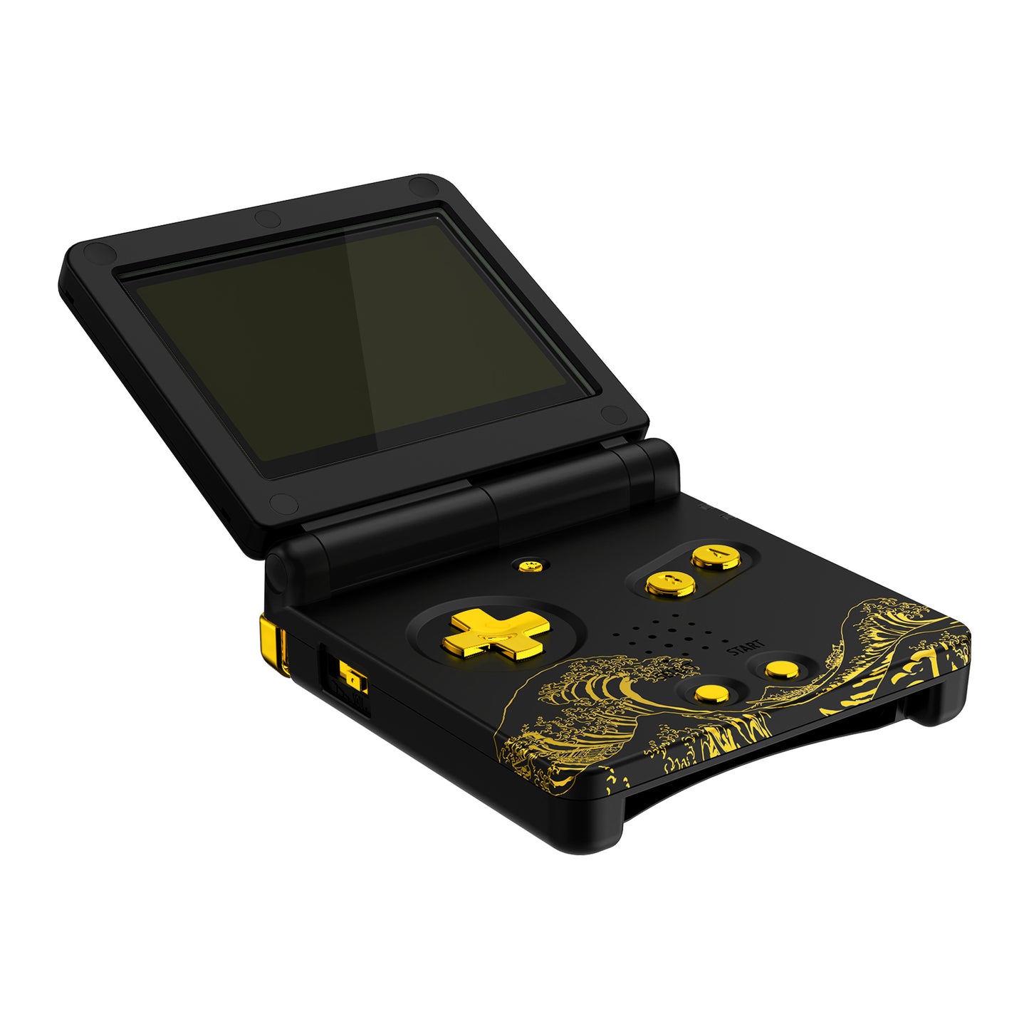 eXtremeRate IPS対応アップグレード版ゲームボーイアドバンスSP(GBA SP)用交換フルセットシェル&ボタン、IPSおよび標準LCD両方に対応【神奈川沖の金色の波ブラック】
