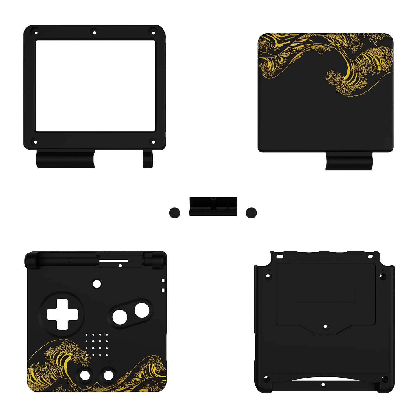 eXtremeRate IPS対応アップグレード版ゲームボーイアドバンスSP(GBA SP)用交換フルセットシェル&ボタン、IPSおよび標準LCD両方に対応【神奈川沖の金色の波ブラック】