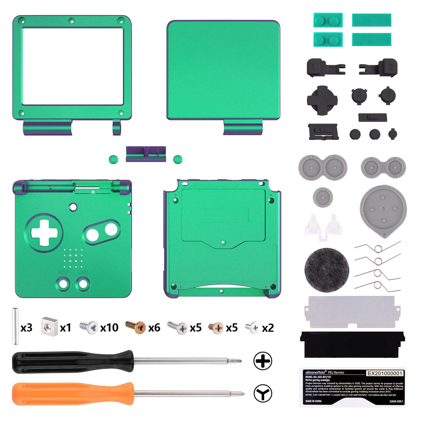 eXtremeRate IPS対応アップグレード版ゲームボーイアドバンスSP(GBA SP)用交換フルセットシェル&ボタン、IPSおよび標準LCD両方に対応【カメレオングリーンパープル】