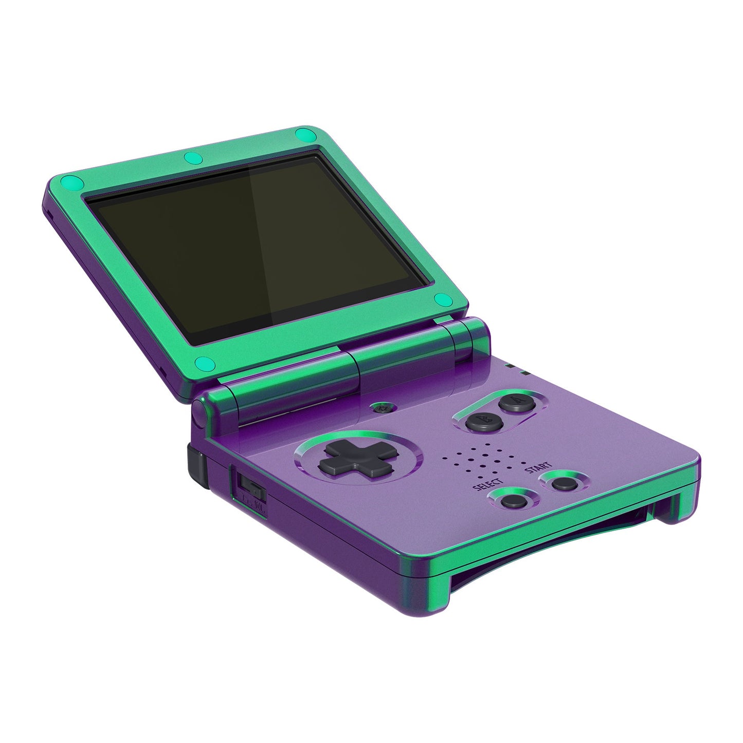 eXtremeRate IPS対応アップグレード版ゲームボーイアドバンスSP(GBA SP)用交換フルセットシェル&ボタン、IPSおよび標準LCD両方に対応【カメレオングリーンパープル】