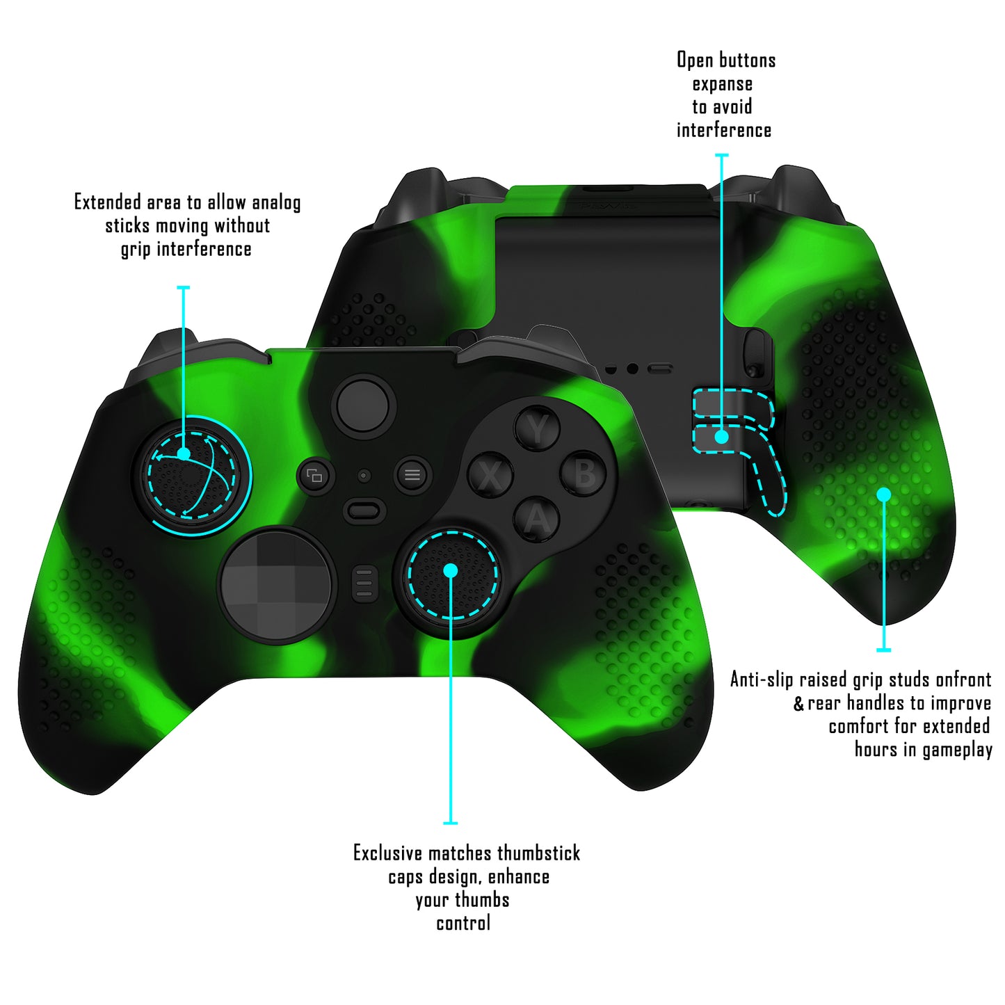 eXtremeRate Xbox One Elite Series 2&Elite 2 Coreコントローラー用滑り止め保護シリコンケース&サムグリップキャップ【グリーン&ブラック】