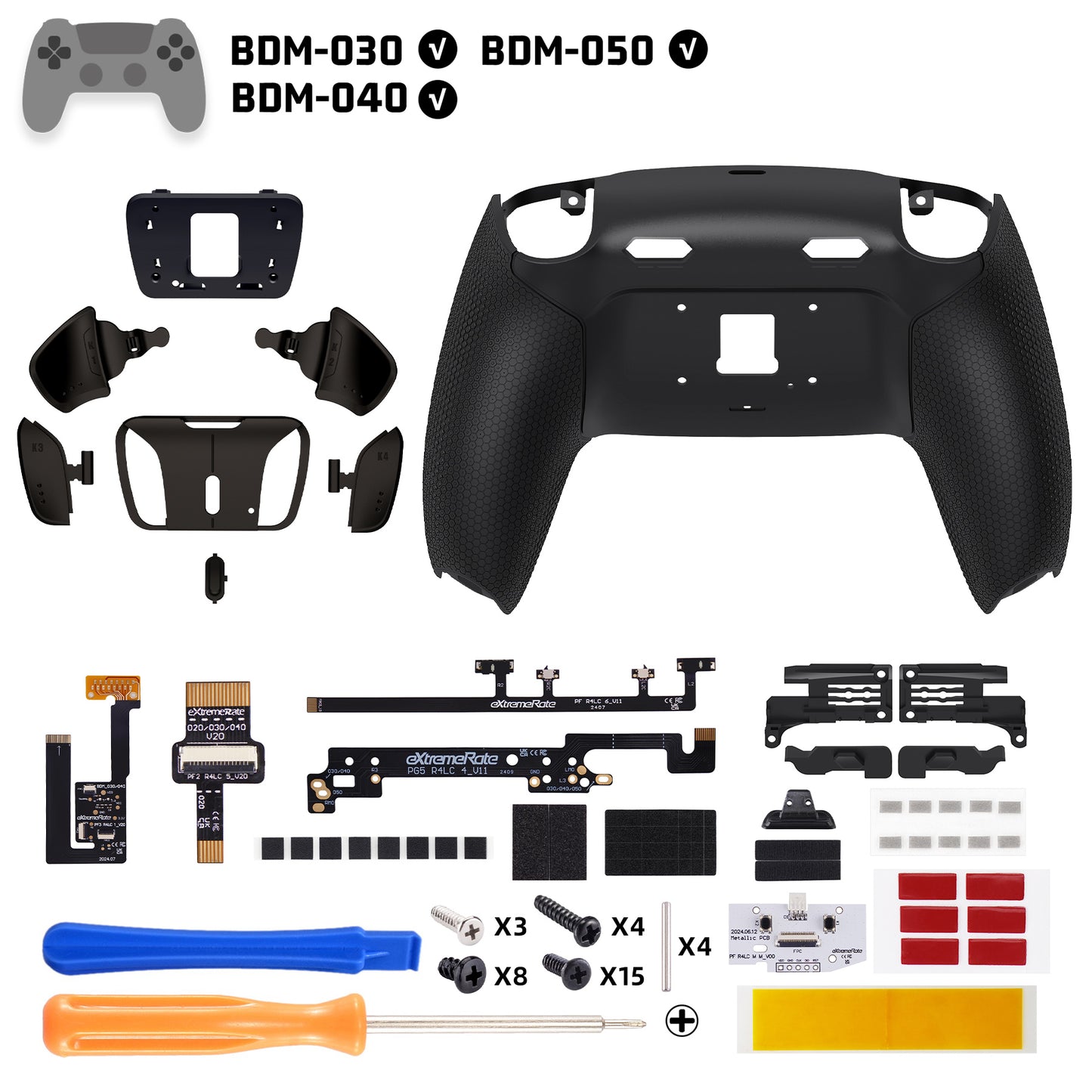 eXtremeRate PS5コントローラーBDM-030/040/050対応用リアルメタルボタン (RMB) バージョンRISE4 Plus MAXバックパドルキット、クリッキートリガーストップ&ラバーグリップ付き【ラバー付きブラック】