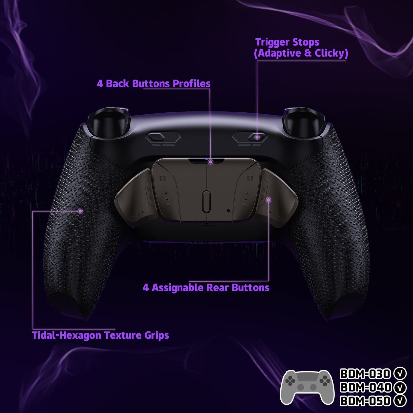 eXtremeRate PS5コントローラーBDM-030/040/050対応用リアルメタルボタン (RMB) バージョンRISE4 Plus MAXバックパドルキット、クリッキートリガーストップ&ラバーグリップ付き【ラバー付きブラック】