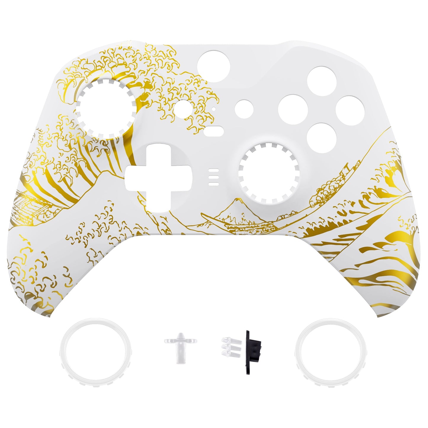 eXtremeRate Replacement Front Housing Shell Case with Accent Rings for Xbox One Elite Series 2 & Elite 2 Core Controller (Model 1797) - The Great GOLDEN Wave Off Kanagawa - White eXtremeRate