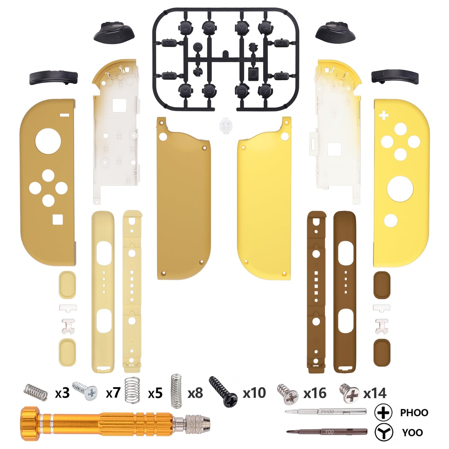 eXtremeRate NS Switch用ジョイコン交換フルセットシェルケース、ボタン&リストストラップカバー付き【ブラウン&イエロー】