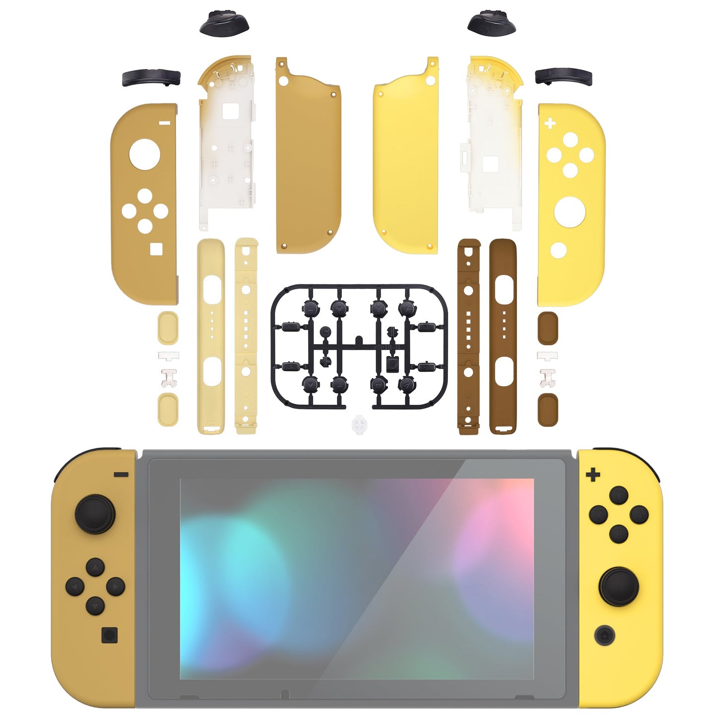 eXtremeRate NS Switch用ジョイコン交換フルセットシェルケース、ボタン&リストストラップカバー付き【ブラウン&イエロー】