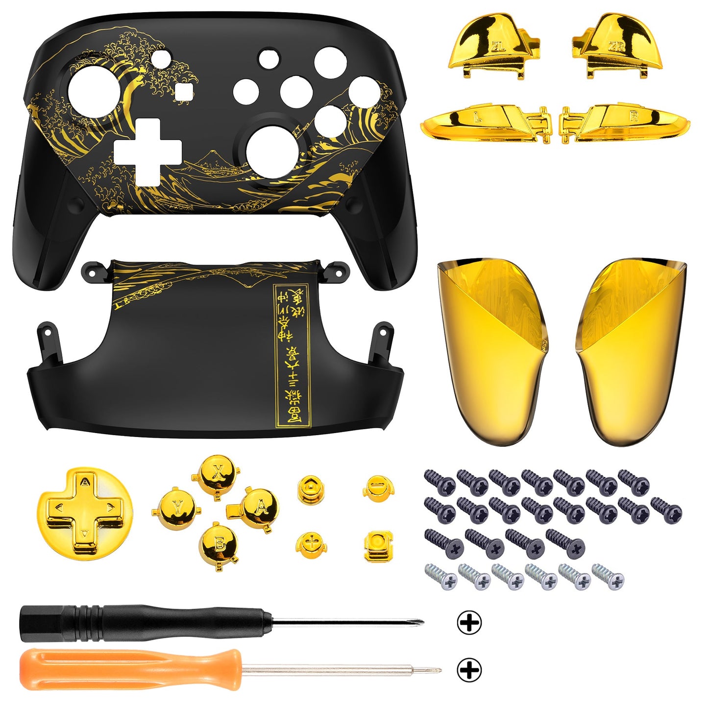 eXtremeRate Nintendo Switch Pro用交換フルセットシェル、フェイスプレート、バックプレート、ハンドル&ボタンキット【神奈川沖の金色の波ブラック】