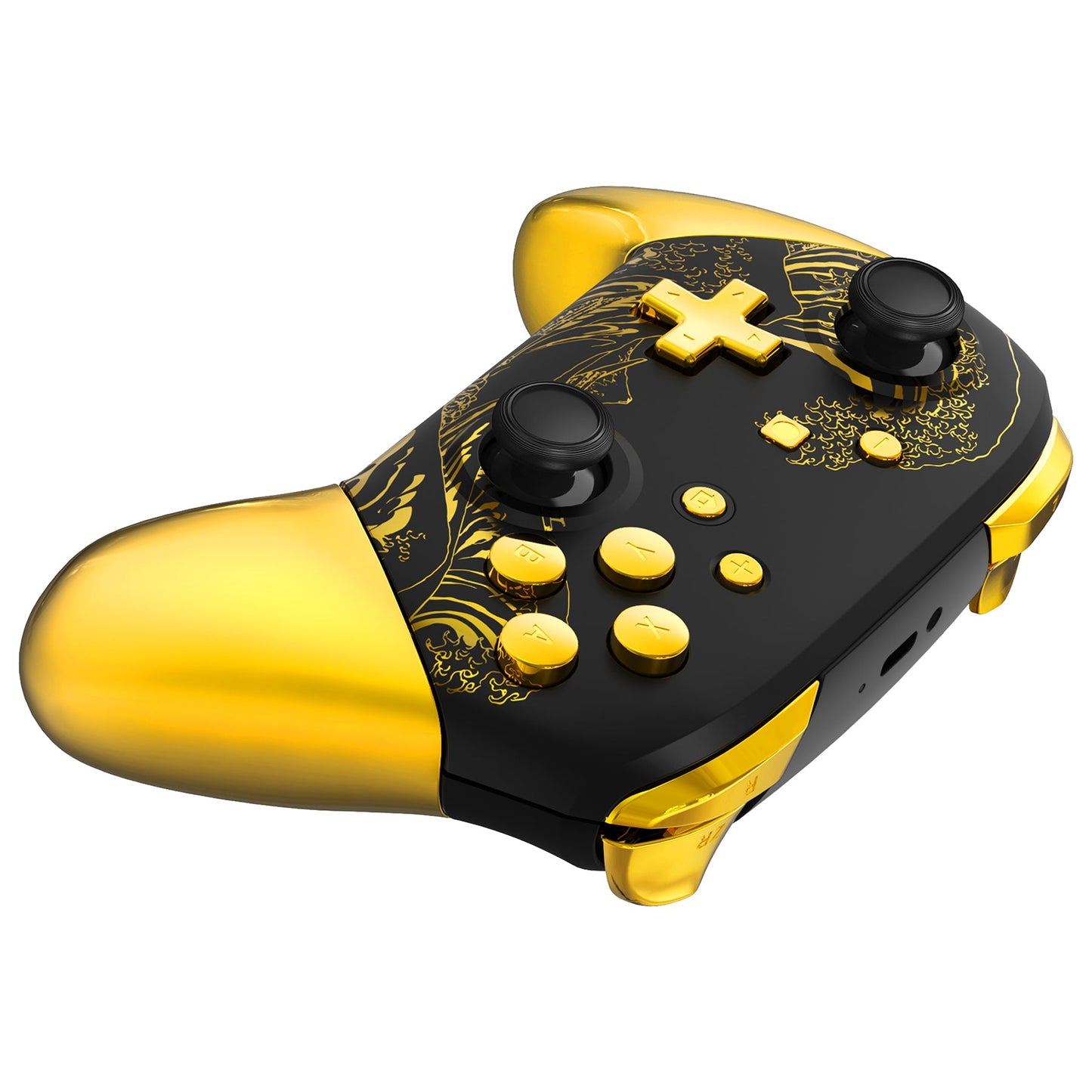 eXtremeRate Nintendo Switch Pro用交換フルセットシェル、フェイスプレート、バックプレート、ハンドル&ボタンキット【神奈川沖の金色の波ブラック】