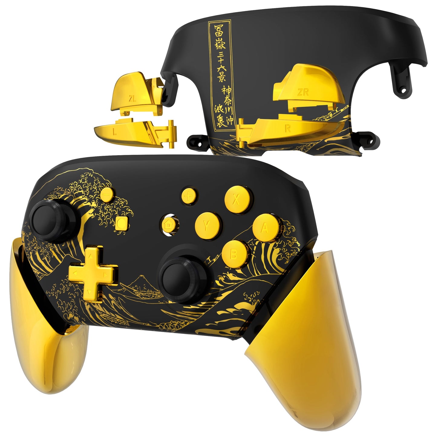 eXtremeRate Nintendo Switch Pro用交換フルセットシェル、フェイスプレート、バックプレート、ハンドル&ボタンキット【神奈川沖の金色の波ブラック】