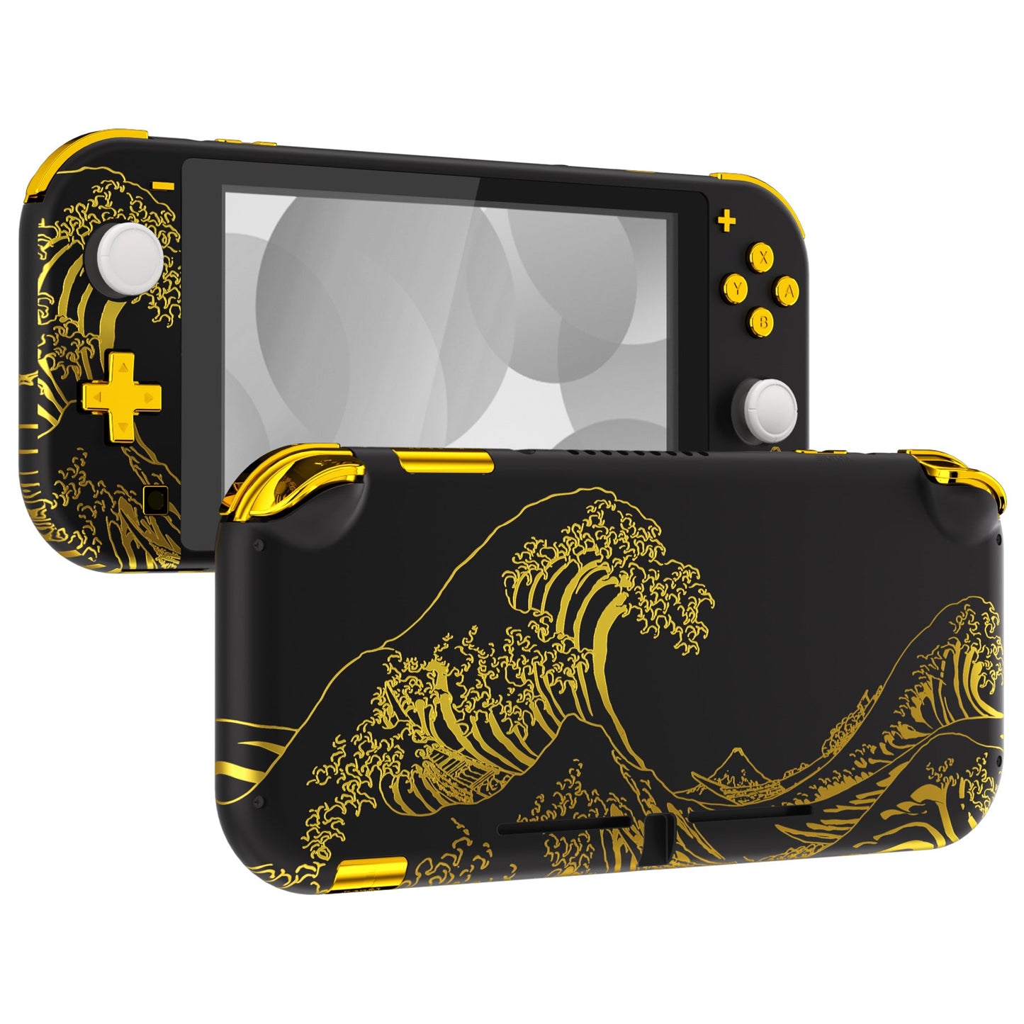 eXtremeRate Nintendo Switch Lite用交換フルセットシェル&ABXYボタン保護フィルム付き【神奈川沖の金色の波ブラック】