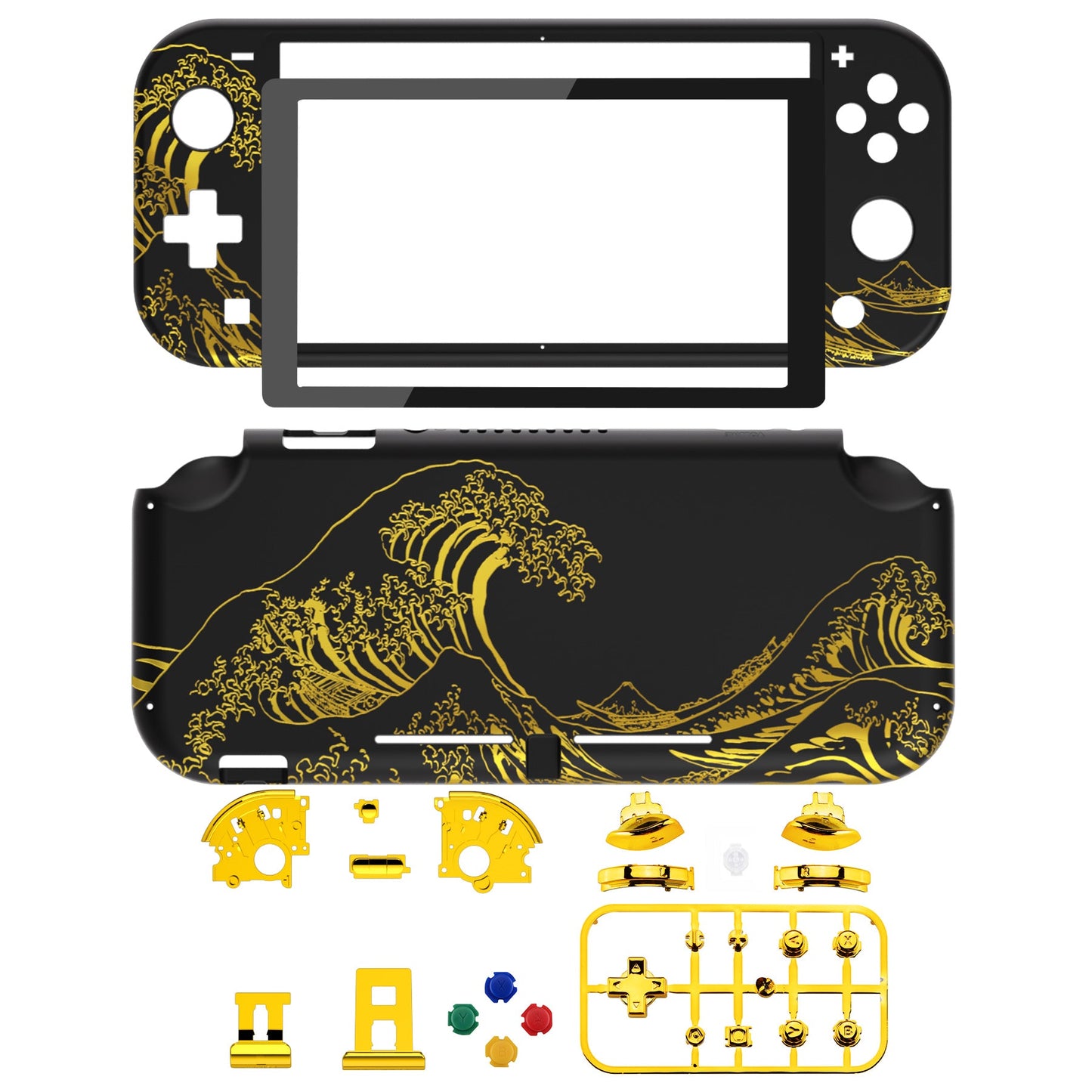 eXtremeRate Nintendo Switch Lite用交換フルセットシェル&ABXYボタン保護フィルム付き【神奈川沖の金色の波ブラック】