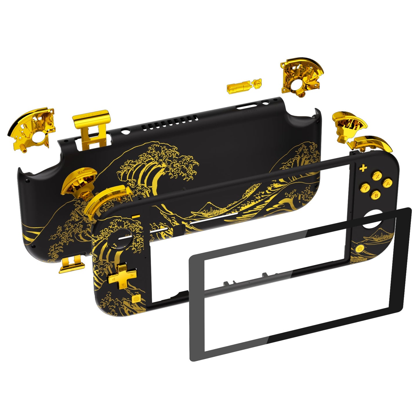 eXtremeRate Nintendo Switch Lite用交換フルセットシェル&ABXYボタン保護フィルム付き【神奈川沖の金色の波ブラック】