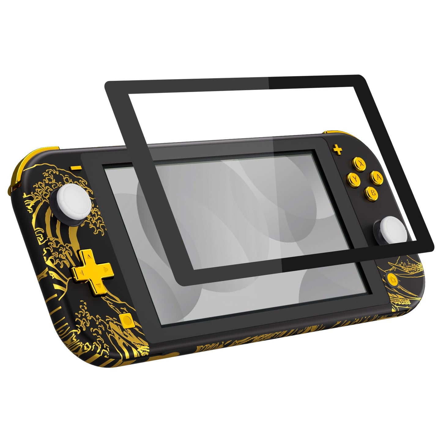 eXtremeRate Nintendo Switch Lite用交換フルセットシェル&ABXYボタン保護フィルム付き【神奈川沖の金色の波ブラック】