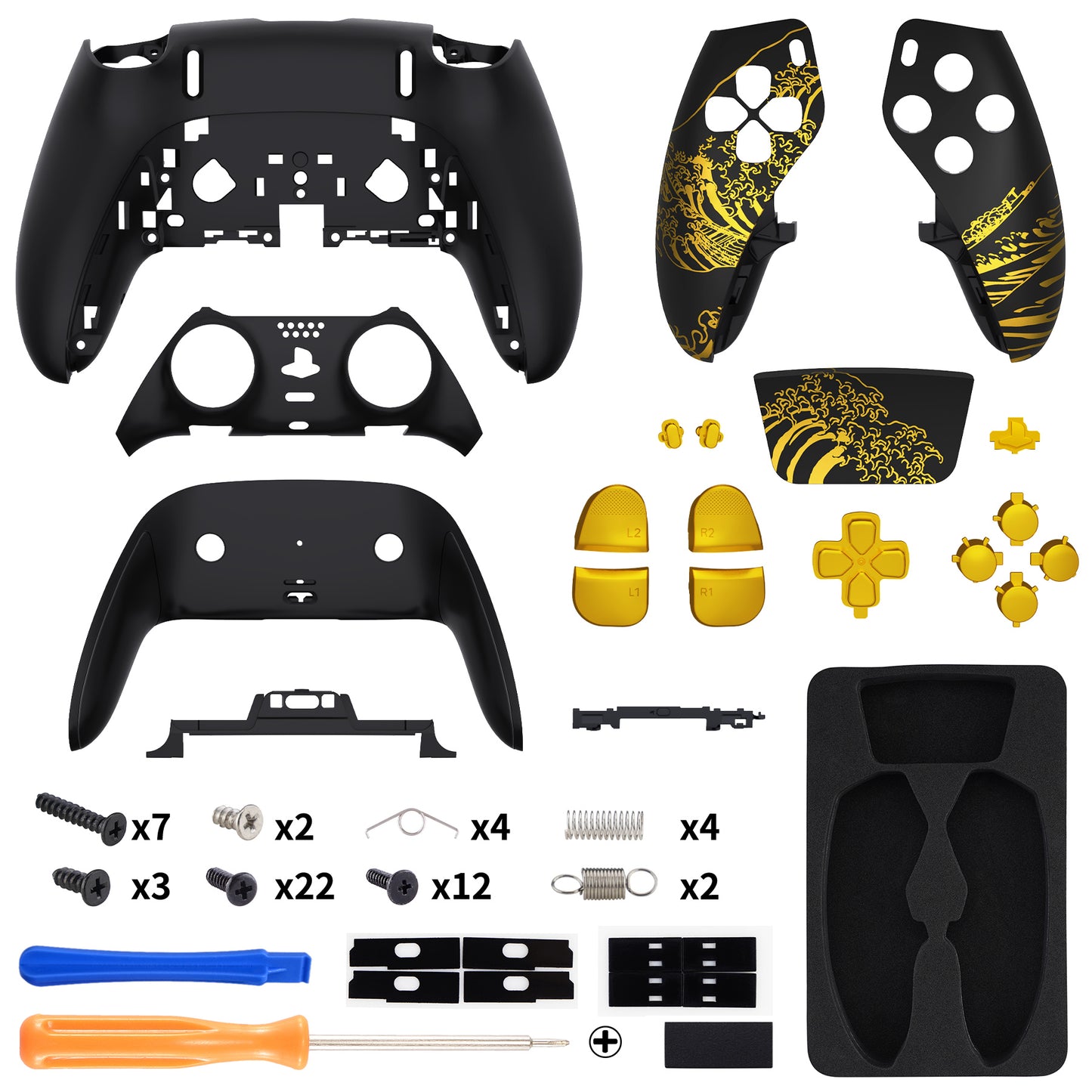 eXtremeRate PS5 edgeコントローラー対応交換対応用フルセットシェル&ボタン【神奈川沖の金色の波ブラック】
