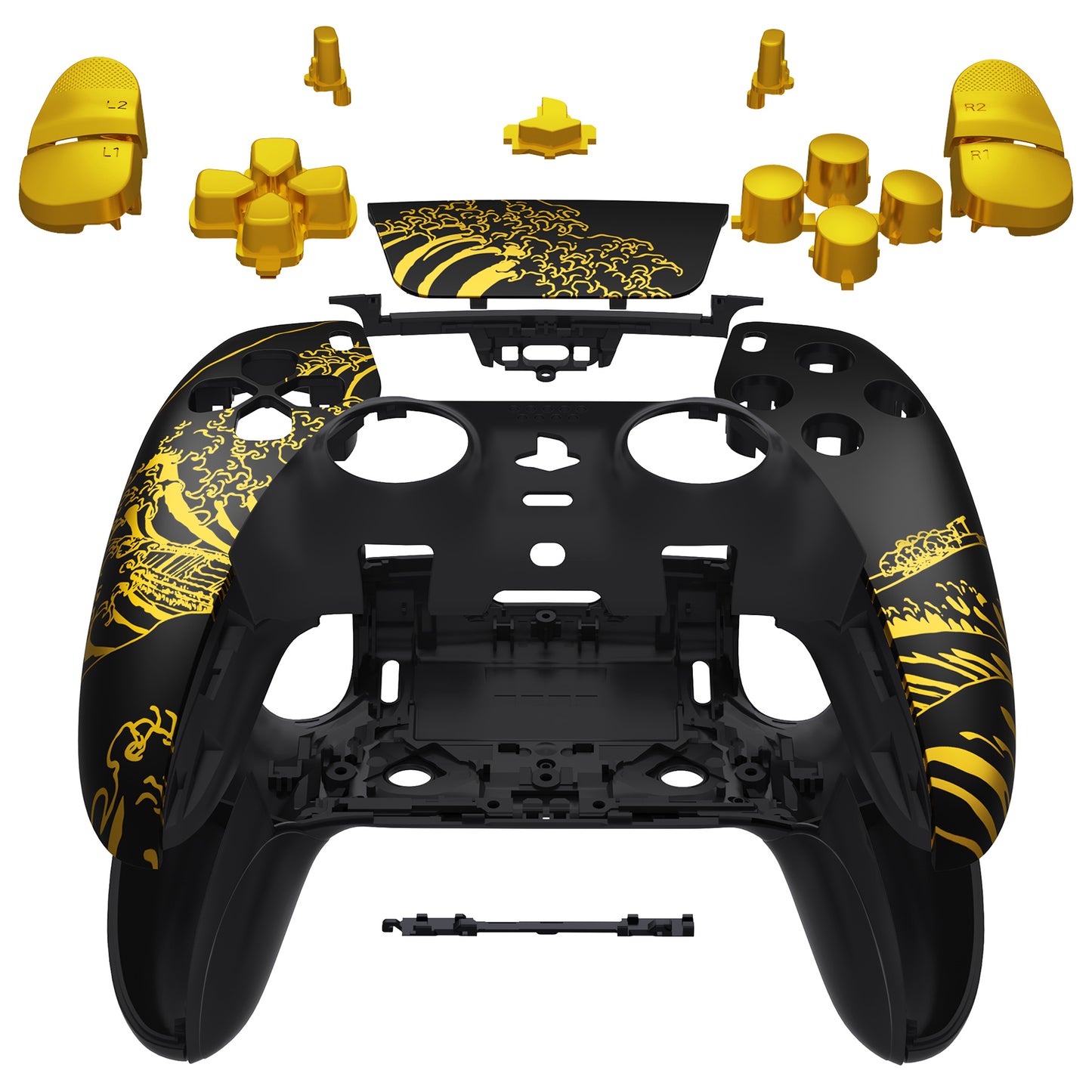 eXtremeRate PS5 edgeコントローラー対応交換対応用フルセットシェル&ボタン【神奈川沖の金色の波ブラック】