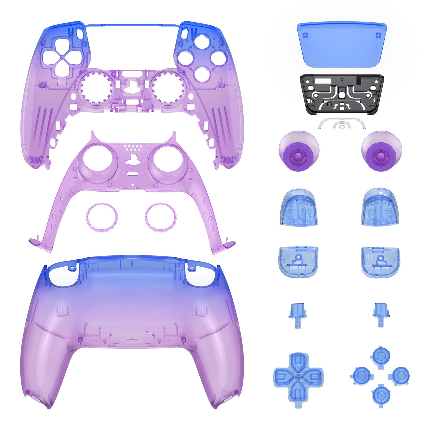 eXtremeRate PS5コントローラーBDM-030/040/050対応交換対応用フルセットシェル&ボタン【クリアなグラデーションのブルー&パープル】