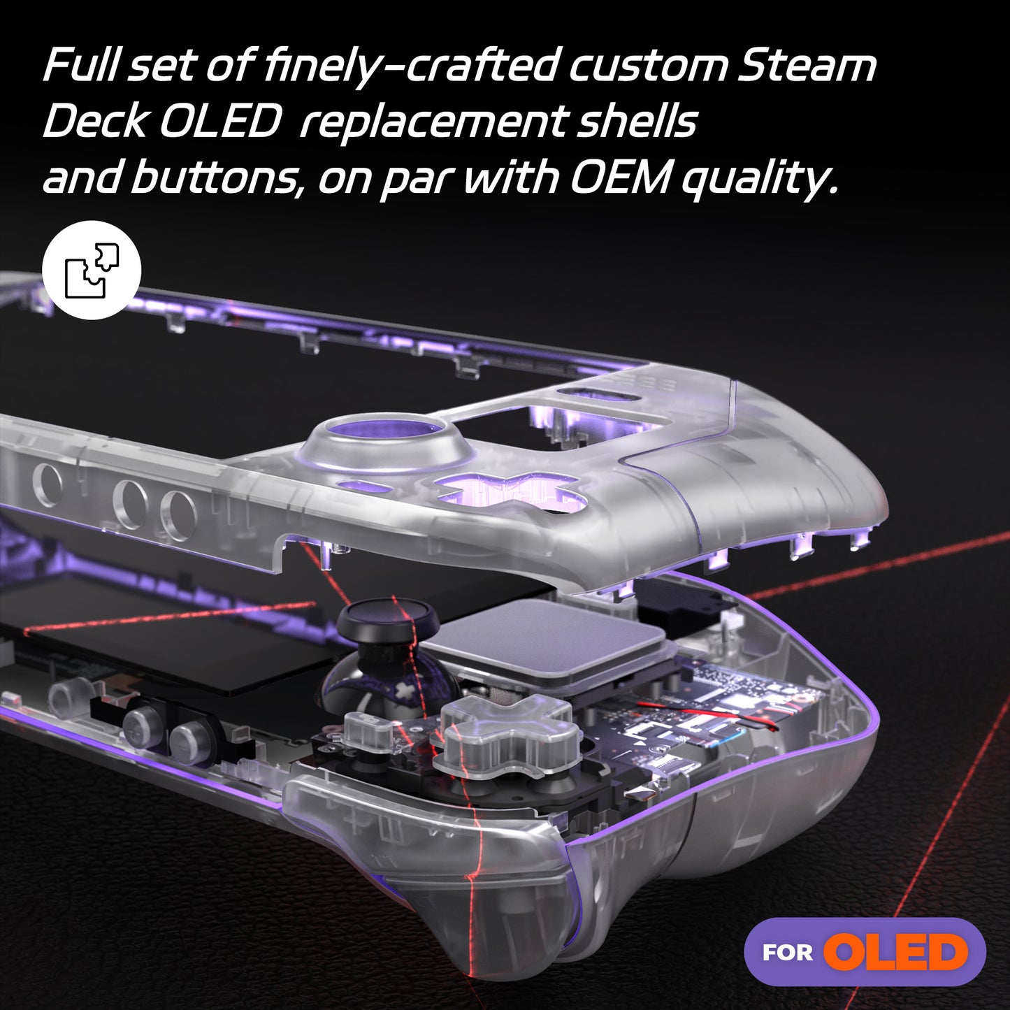 eXtremeRate Steam Deck OLEDハンドヘルドコンソール用交換フルセットシェル&ボタン【クリア】