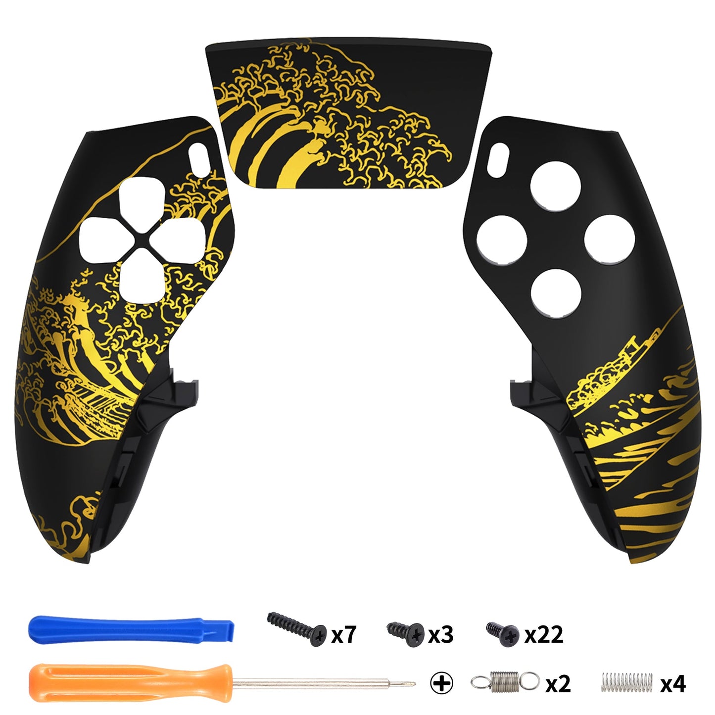 eXtremeRate PS5 edgeコントローラー対応交換対応用左右フロントハウジングシェル&タッチパッド【神奈川沖の金色の波ブラック】