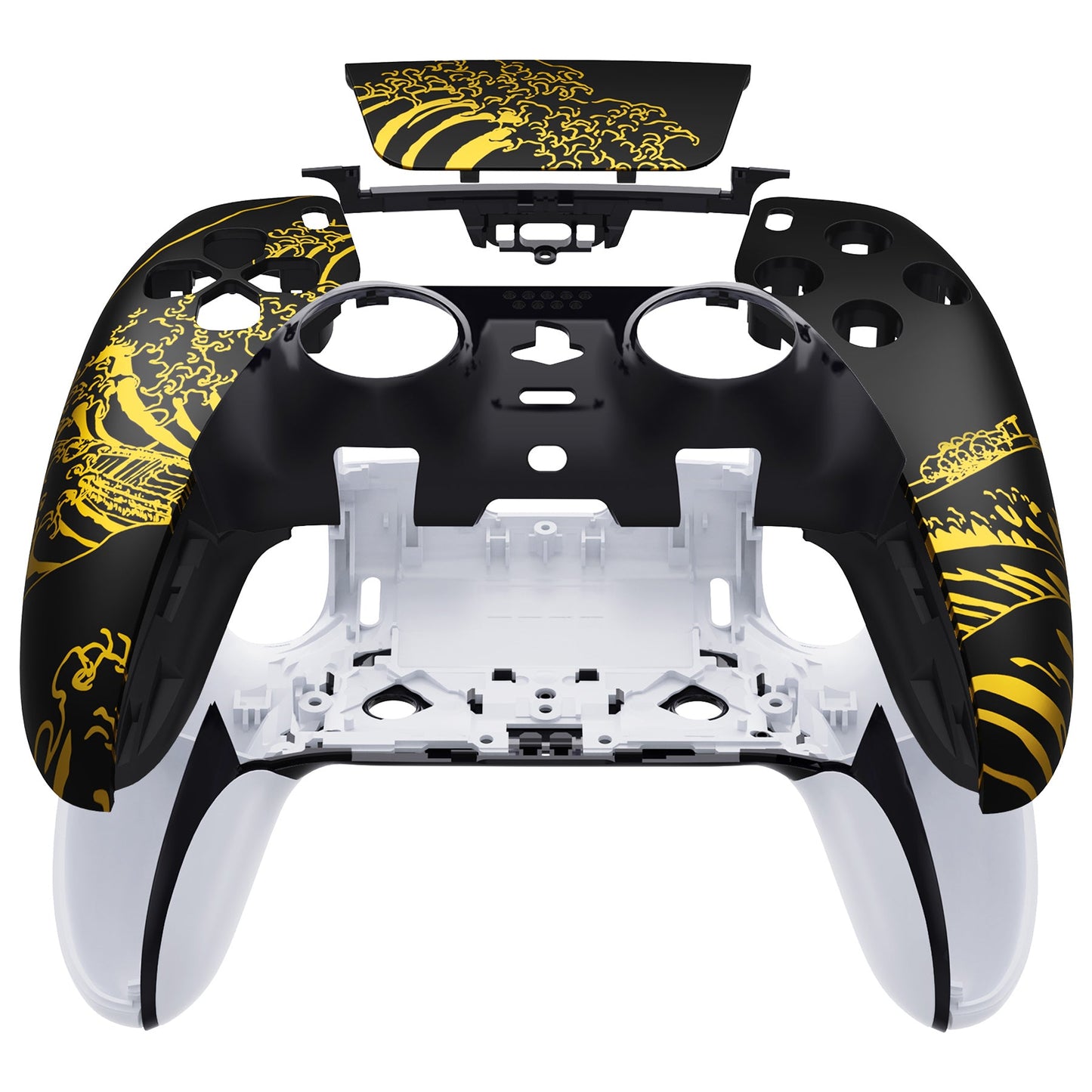 eXtremeRate PS5 edgeコントローラー対応交換対応用左右フロントハウジングシェル&タッチパッド【神奈川沖の金色の波ブラック】