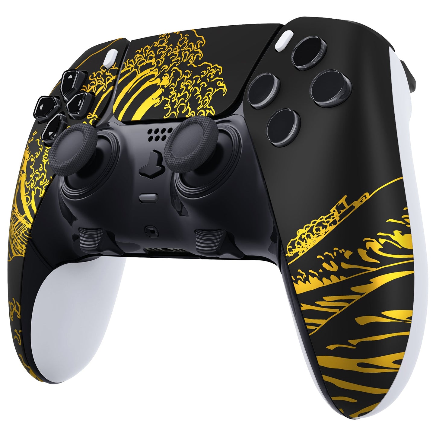 eXtremeRate PS5 edgeコントローラー対応交換対応用左右フロントハウジングシェル&タッチパッド【神奈川沖の金色の波ブラック】