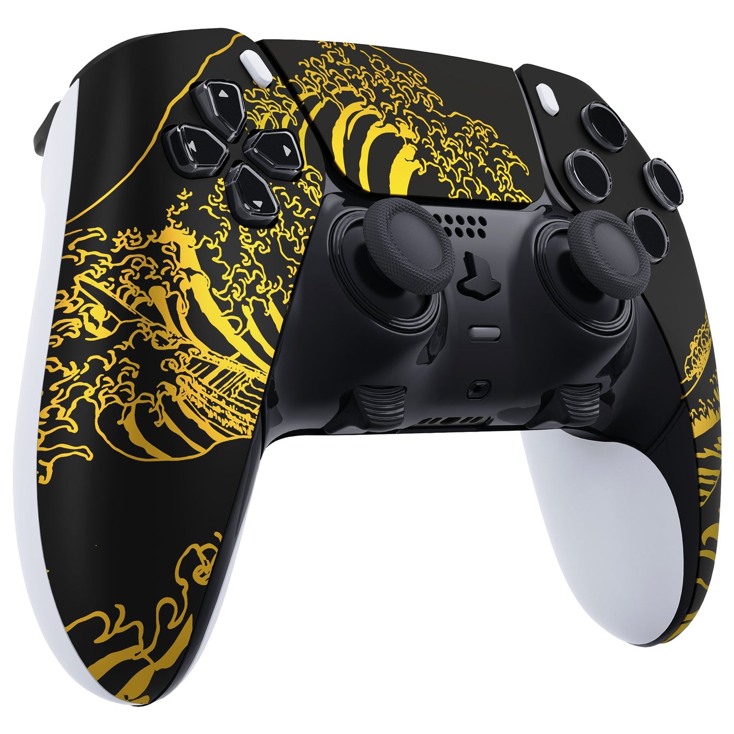 eXtremeRate PS5 edgeコントローラー対応交換対応用左右フロントハウジングシェル&タッチパッド【神奈川沖の金色の波ブラック】