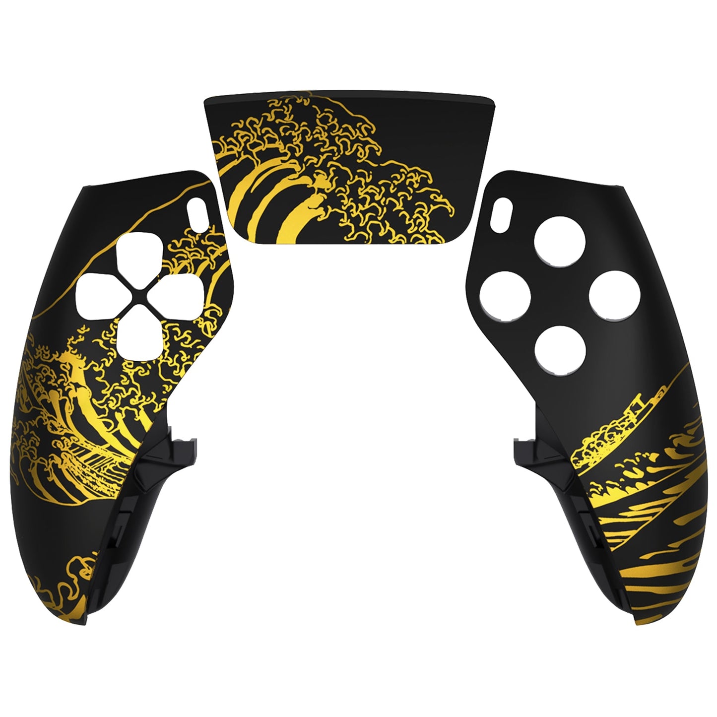eXtremeRate PS5 edgeコントローラー対応交換対応用左右フロントハウジングシェル&タッチパッド【神奈川沖の金色の波ブラック】