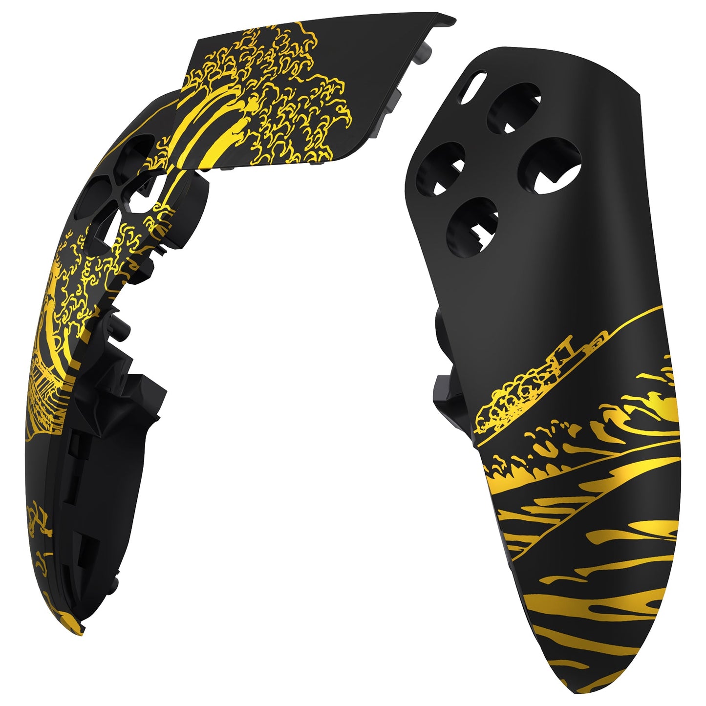 eXtremeRate PS5 edgeコントローラー対応交換対応用左右フロントハウジングシェル&タッチパッド【神奈川沖の金色の波ブラック】