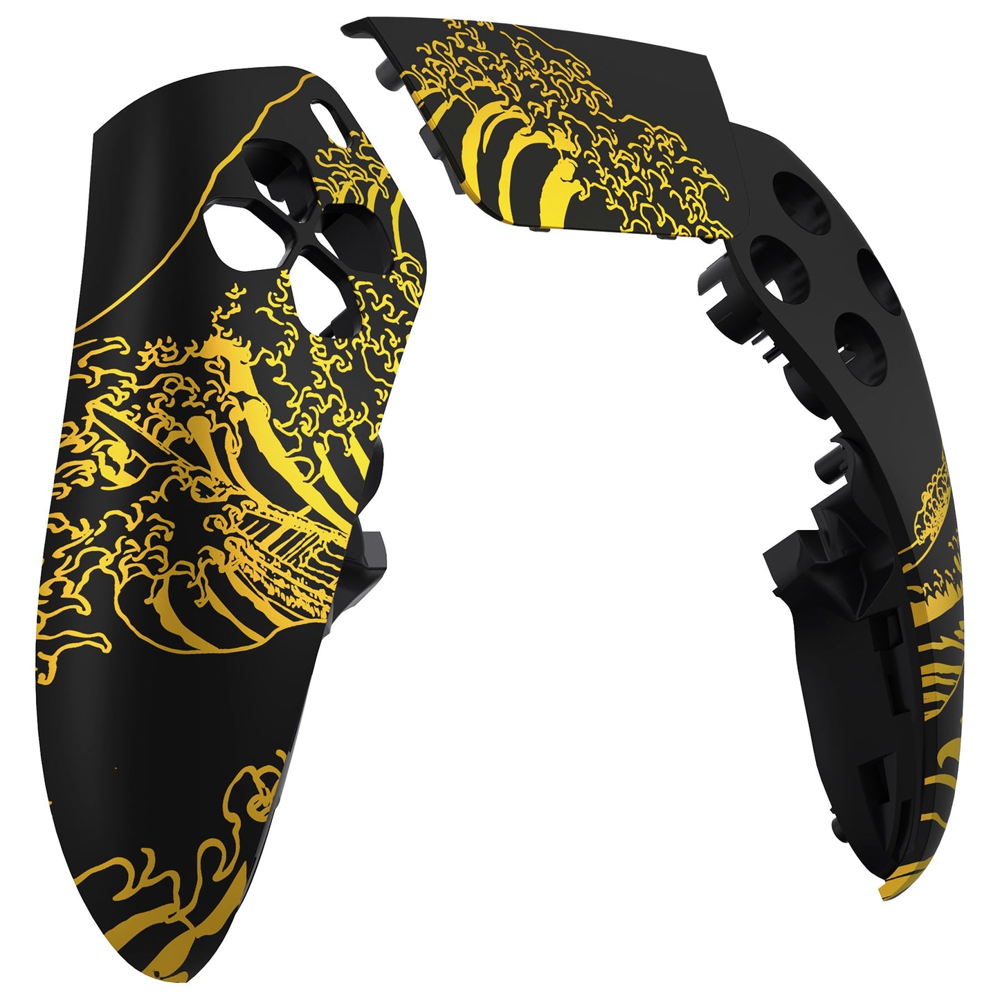 eXtremeRate PS5 edgeコントローラー対応交換対応用左右フロントハウジングシェル&タッチパッド【神奈川沖の金色の波ブラック】
