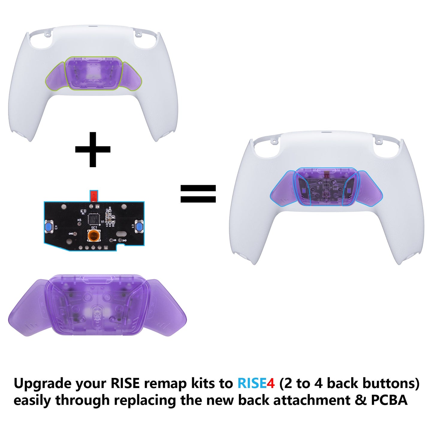 eXtremeRate RISEをRISE4キットに変更-PS5コントローラー対応eXtremeRate RISE & RISE4リマップキット対応用再設計されたK1 K2 K3 K4バックボタンハウジング&リマップPCBボード【クリアパープル】