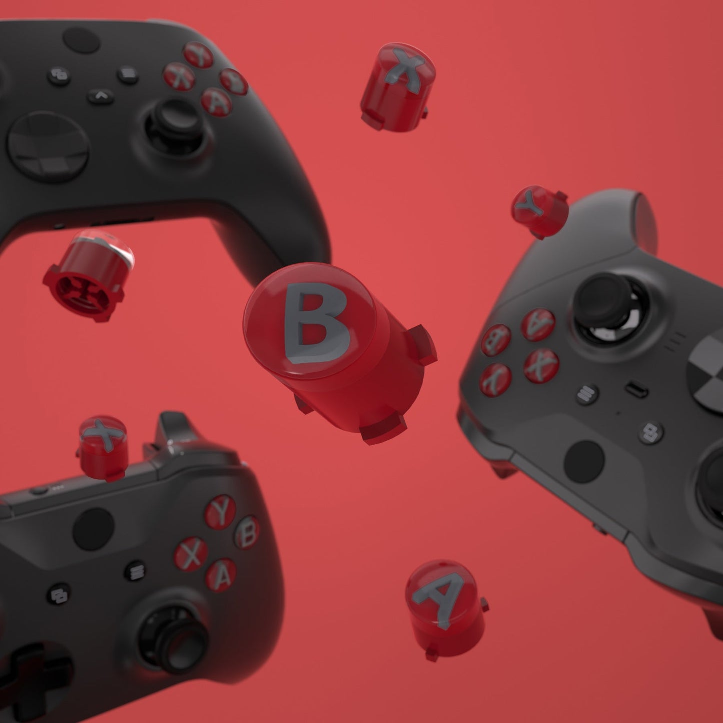 eXtremeRate Xbox Series X/Sコントローラー & Xbox One X/S & Xbox One Elite V1/V2コントローラー用三色ABXYアクションボタン(クラシックシンボル付き)【カーマインレッド&クリア&グレー】