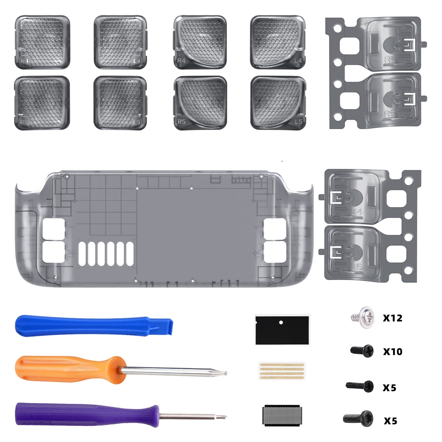 eXtremeRate Steam Deck LCD & OLED対応用交換式背面ボタン搭載ボトムシェル【クリアブラック】