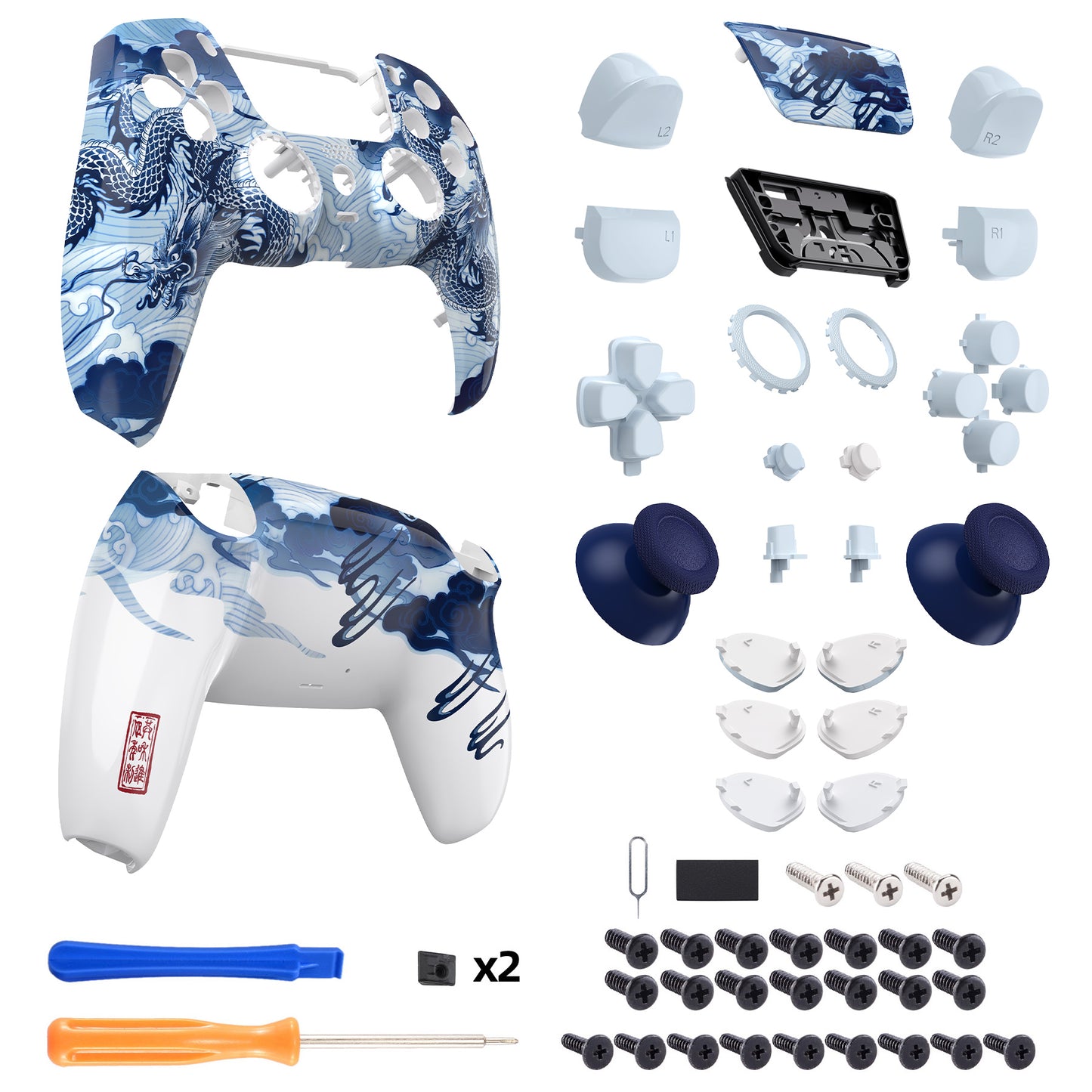 eXtremeRate PS5コントローラーBDM-030/040対応LUNA再設計交換対応用フルセットシェル&ボタン【磁器の龍】